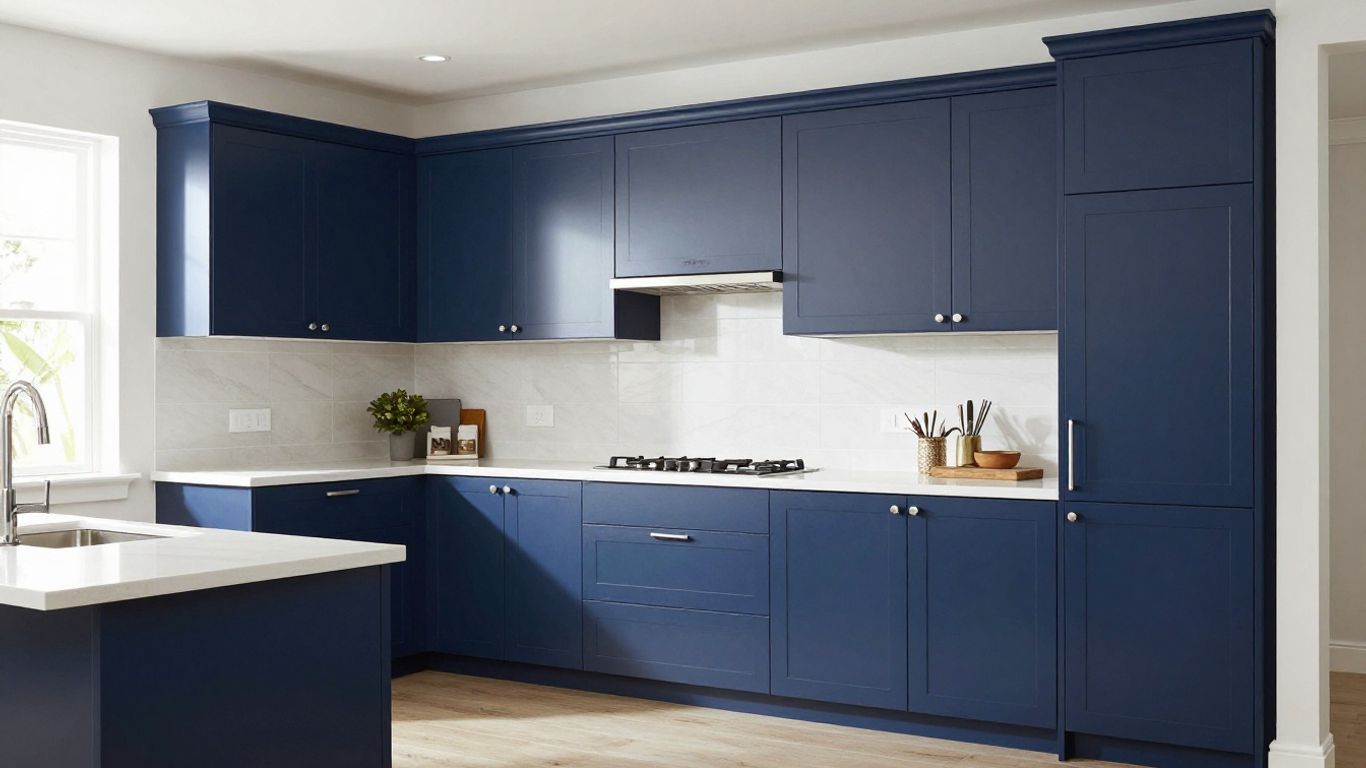 Modern navy blue kitchen cabinets with white countertops.