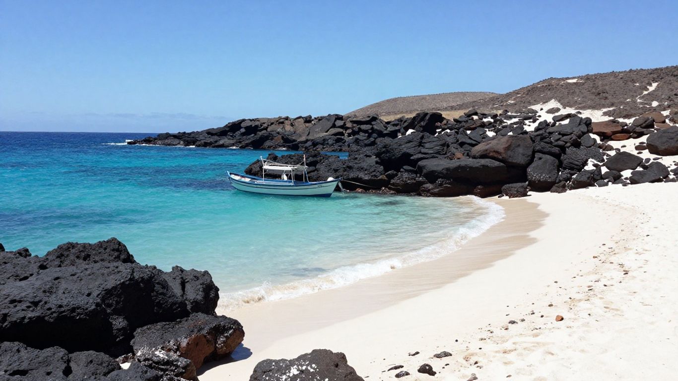 Small boat approaching turquoise island cove