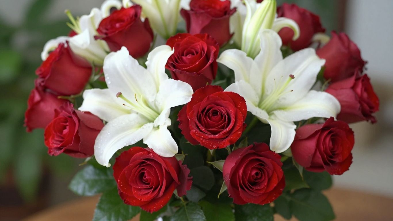 Romantic flower bouquet with red roses and white lilies.