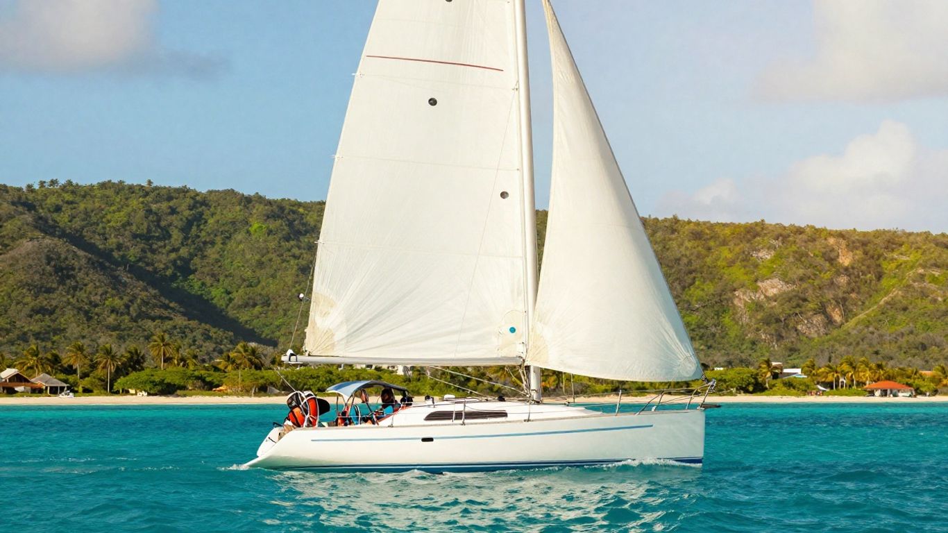 Sailboat on turquoise water near Belize islands.