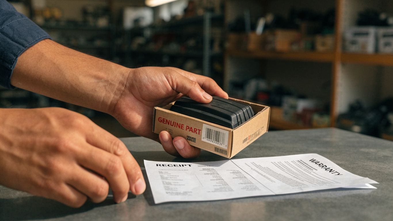 Customer reviewing a car part receipt and warranty