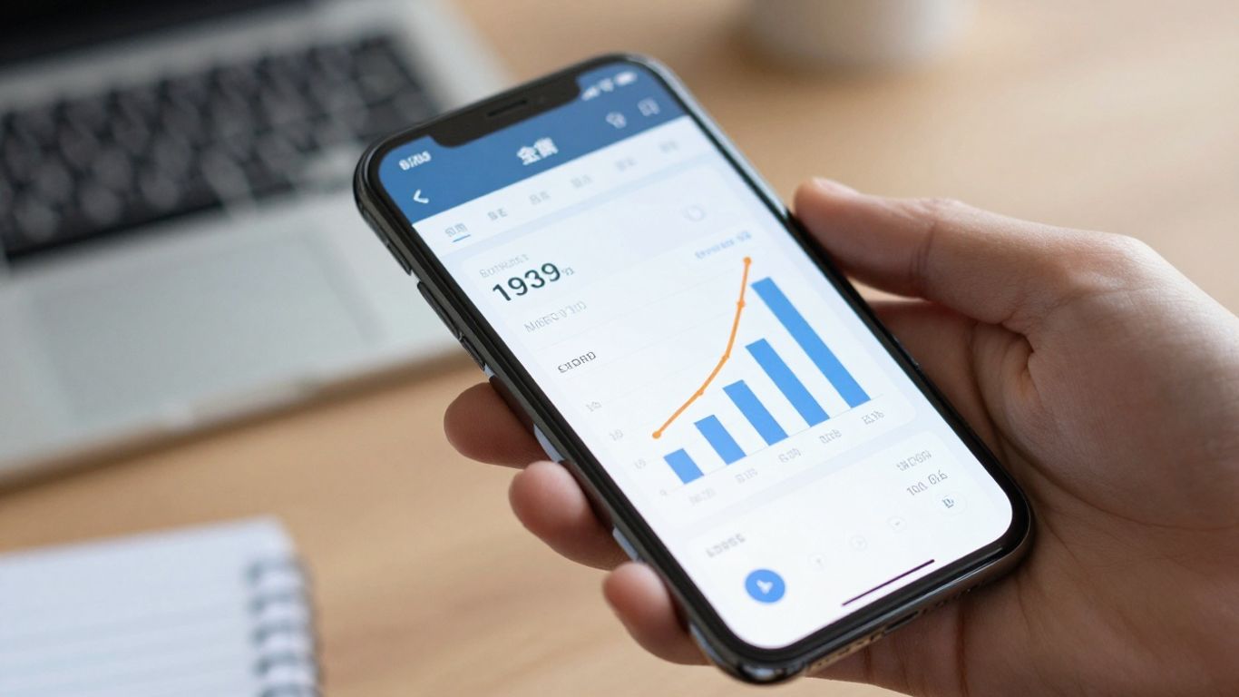 Mão segurando celular com gráficos de desempenho financeiro.