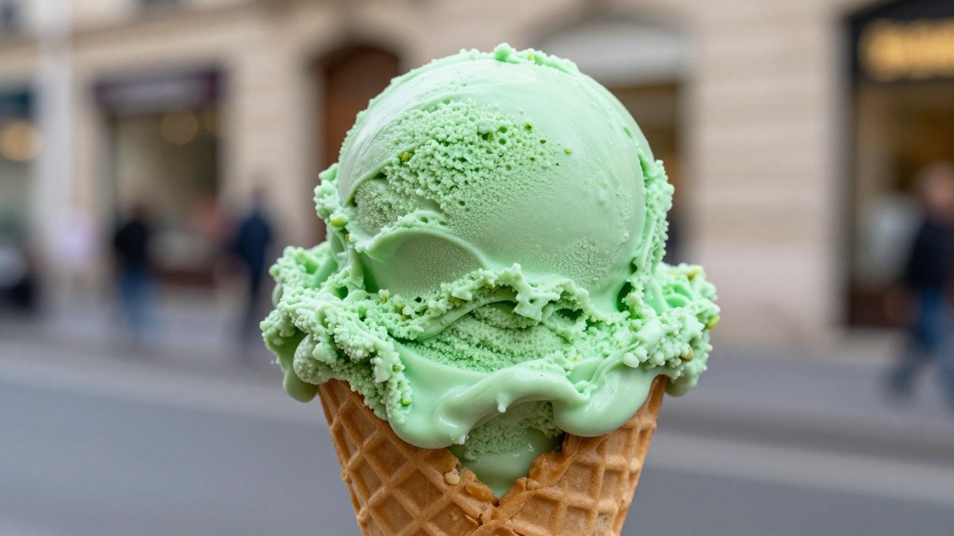 Close-up of a green ice cream scoop in a cone.