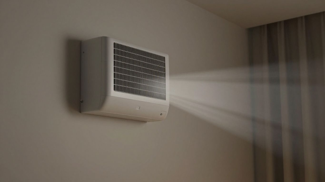 Ventilo-convecteur moderne en action, chauffant et rafraîchissant une pièce.