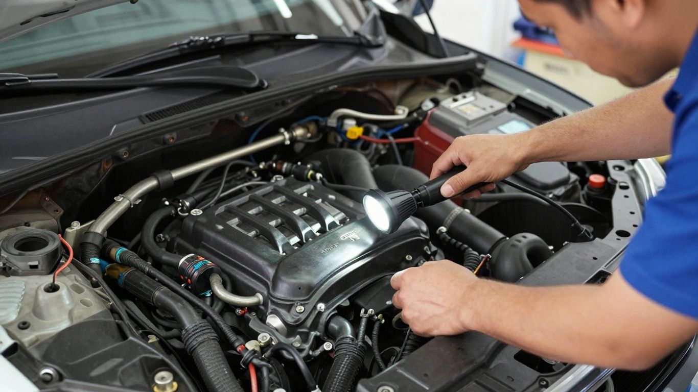 Technician inspecting an engine bay