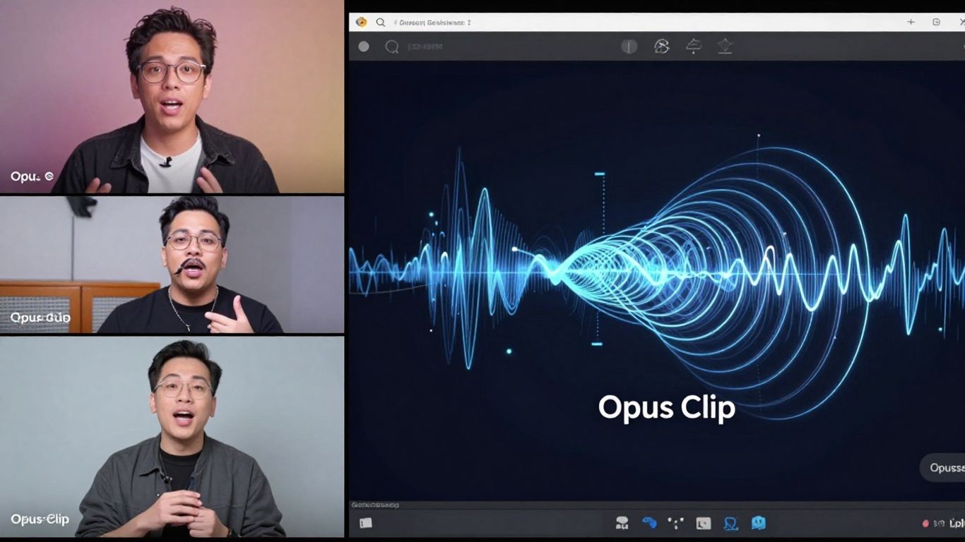 AI video clipping software interface and energetic speaker.
