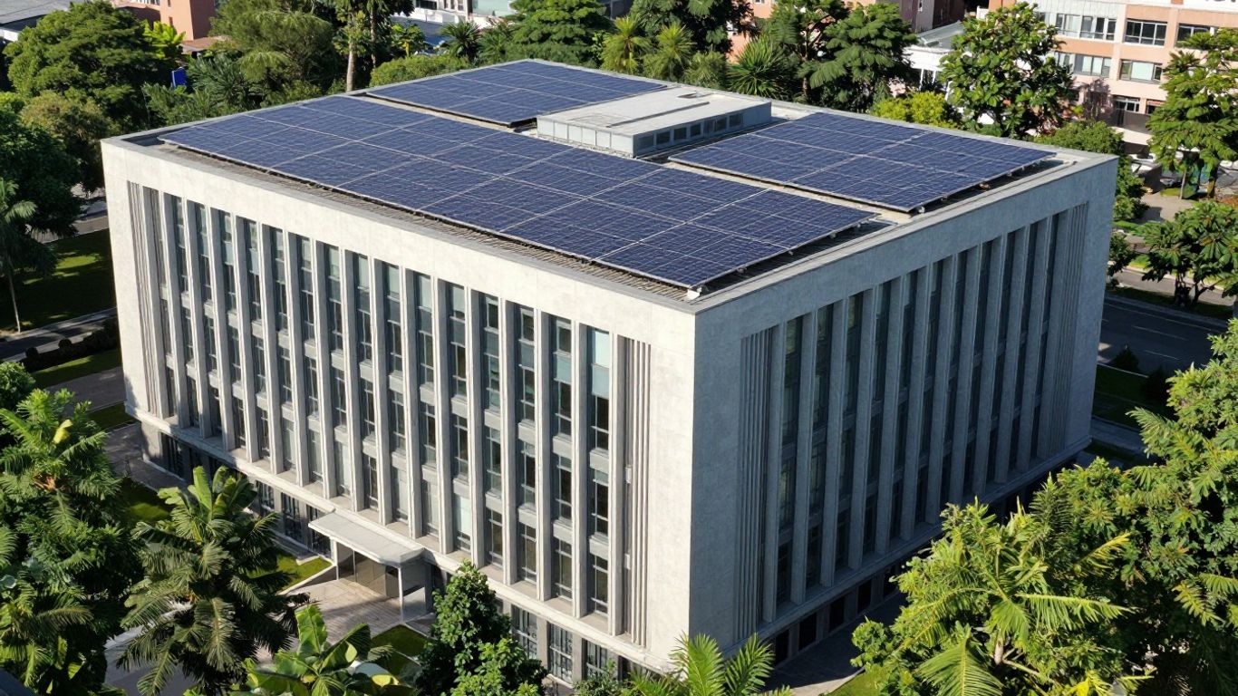 Modern council building with solar panels and greenery.