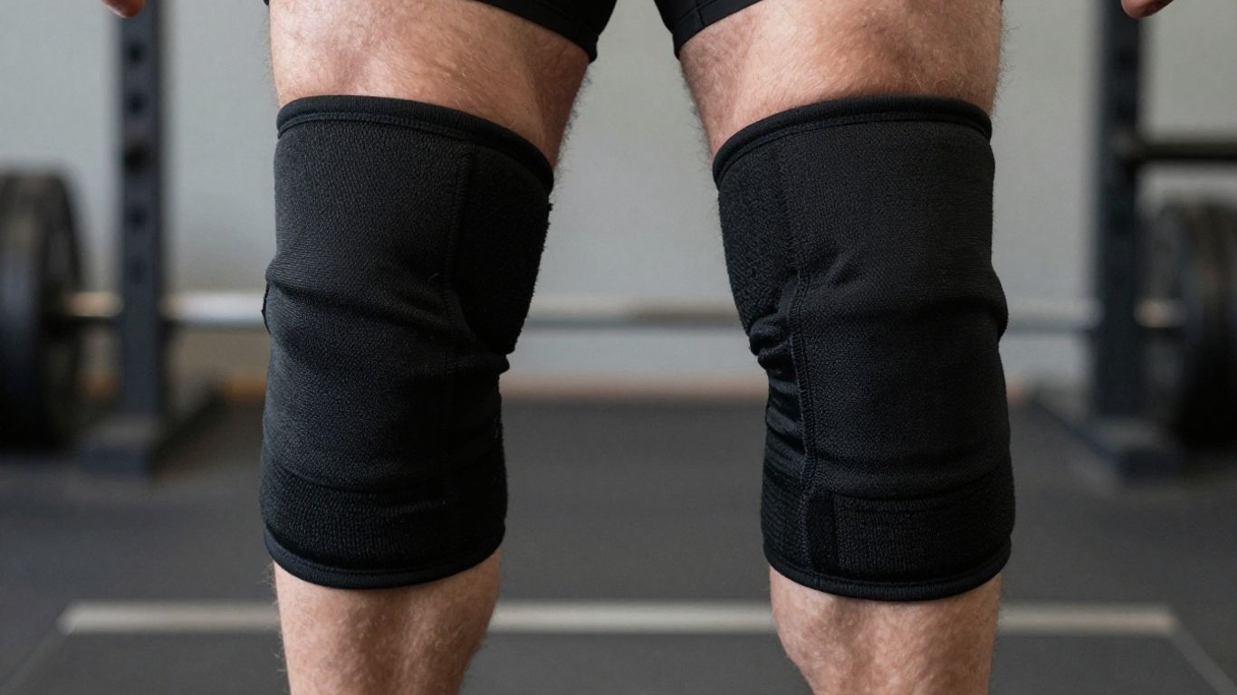 Weightlifter's knees in black knee sleeves during a lift.
