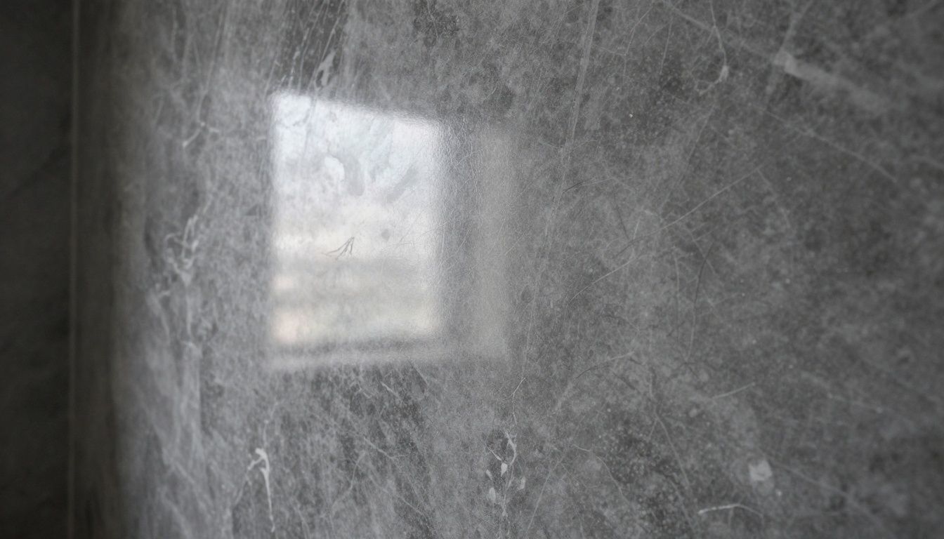 A close-up of a highly polished Venetian plaster wall in a dark grey, showing the marble-like texture and light reflection