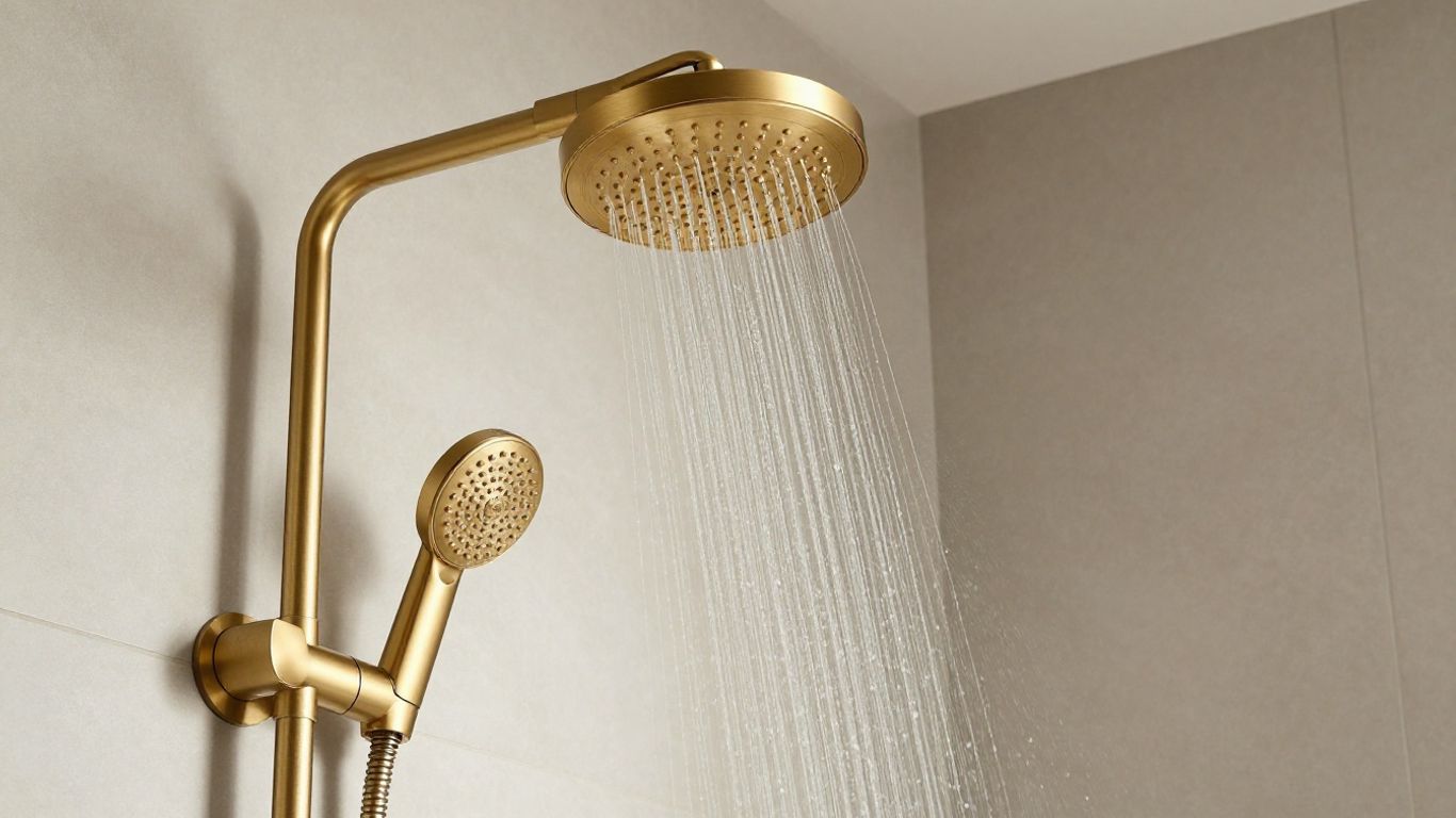 Brushed gold rainfall showerhead with water cascading down.