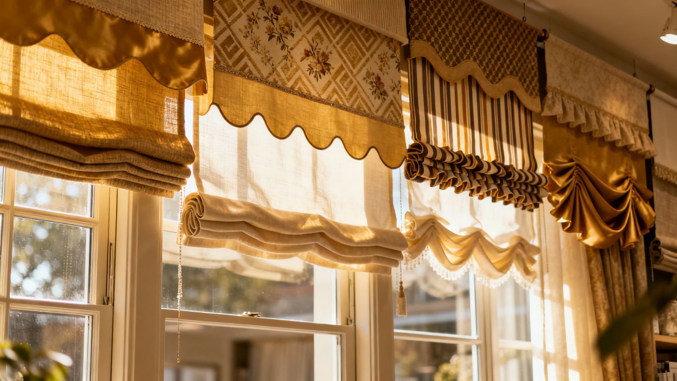 Various window valances in different styles and fabrics.