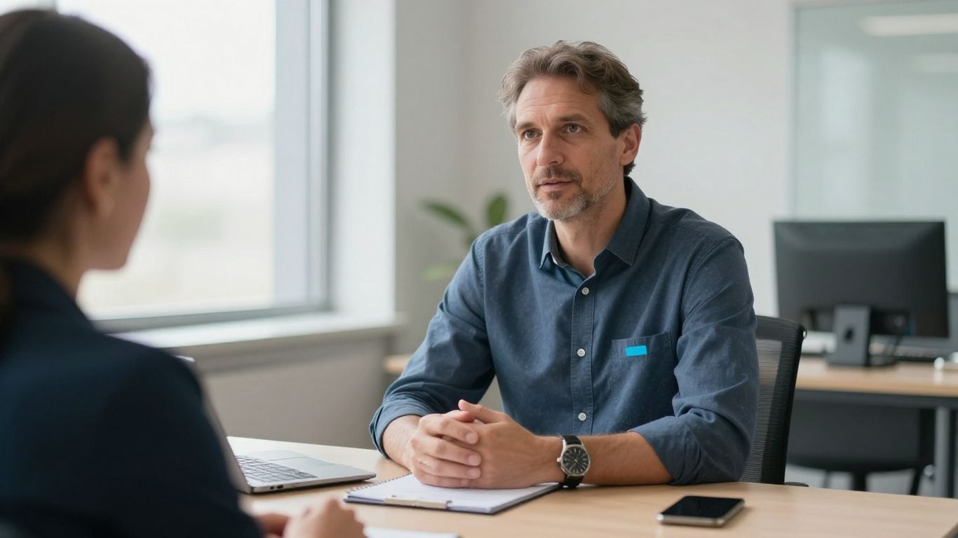 Älterer Bewerber im Gespräch am Tisch