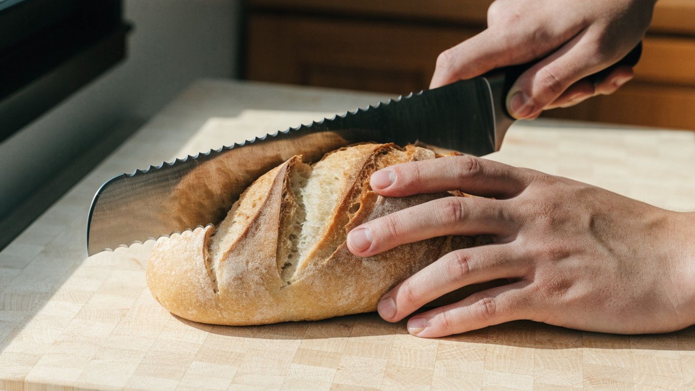 Hands gently sawing through baguette crust