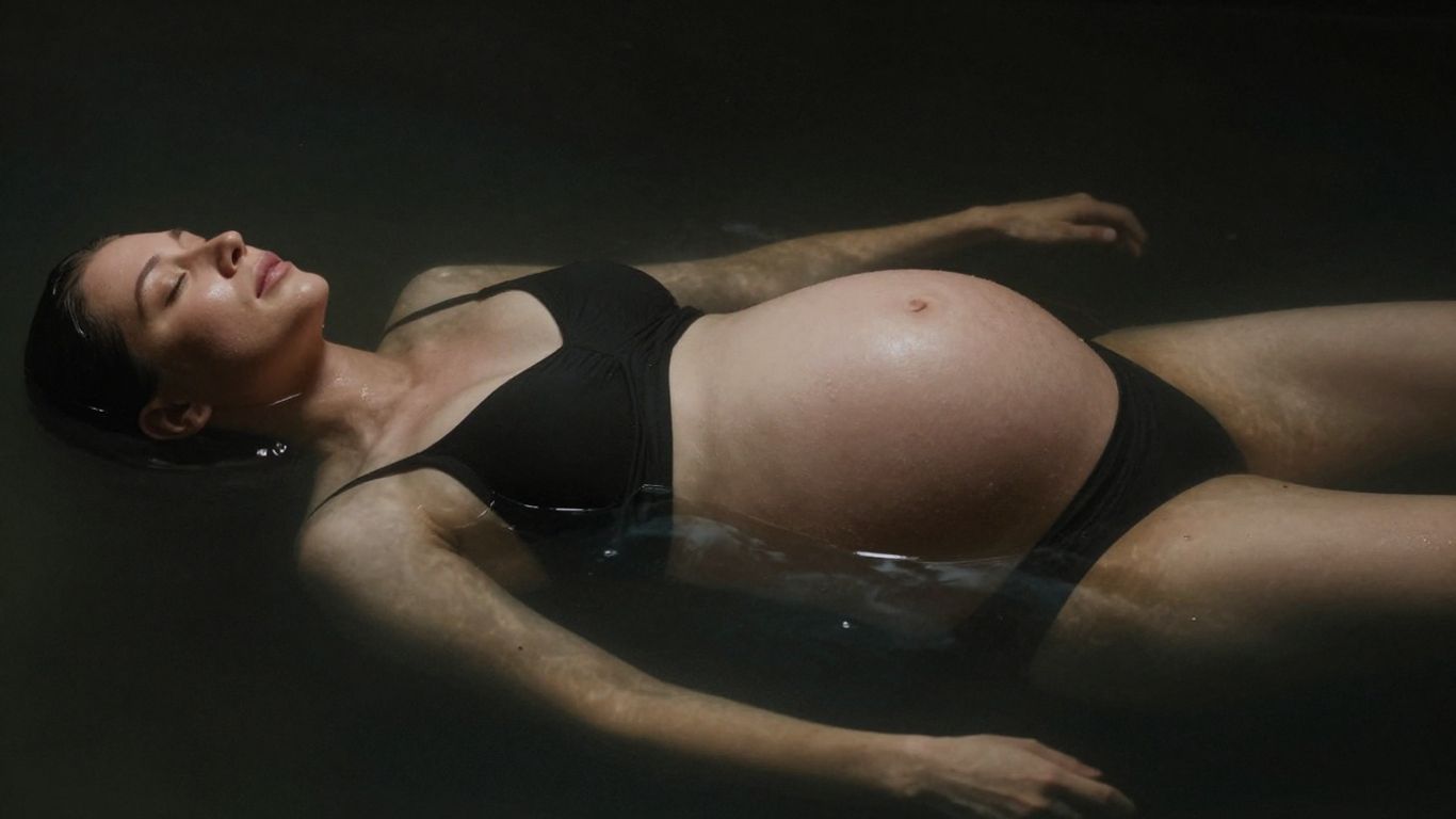 Femme enceinte flottant paisiblement dans l'eau.