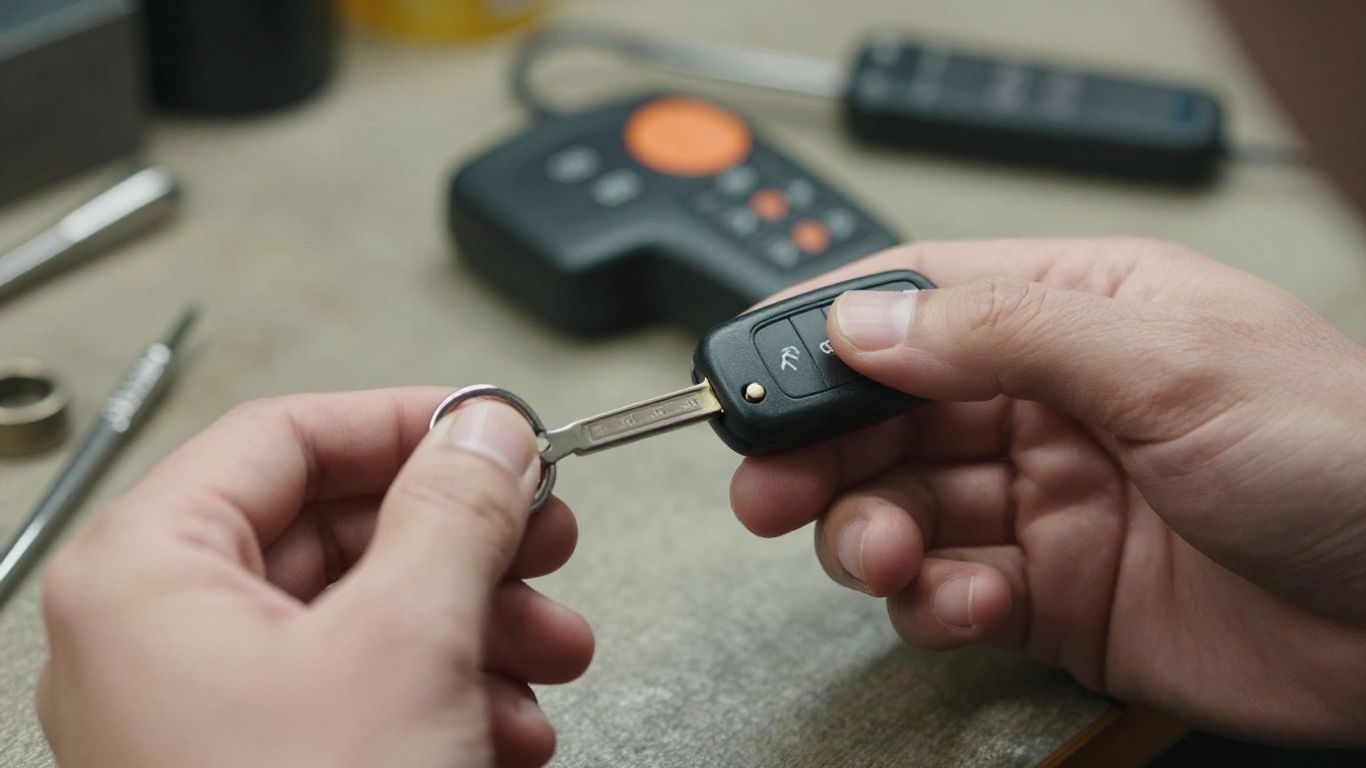Locksmith programming a car key fob.