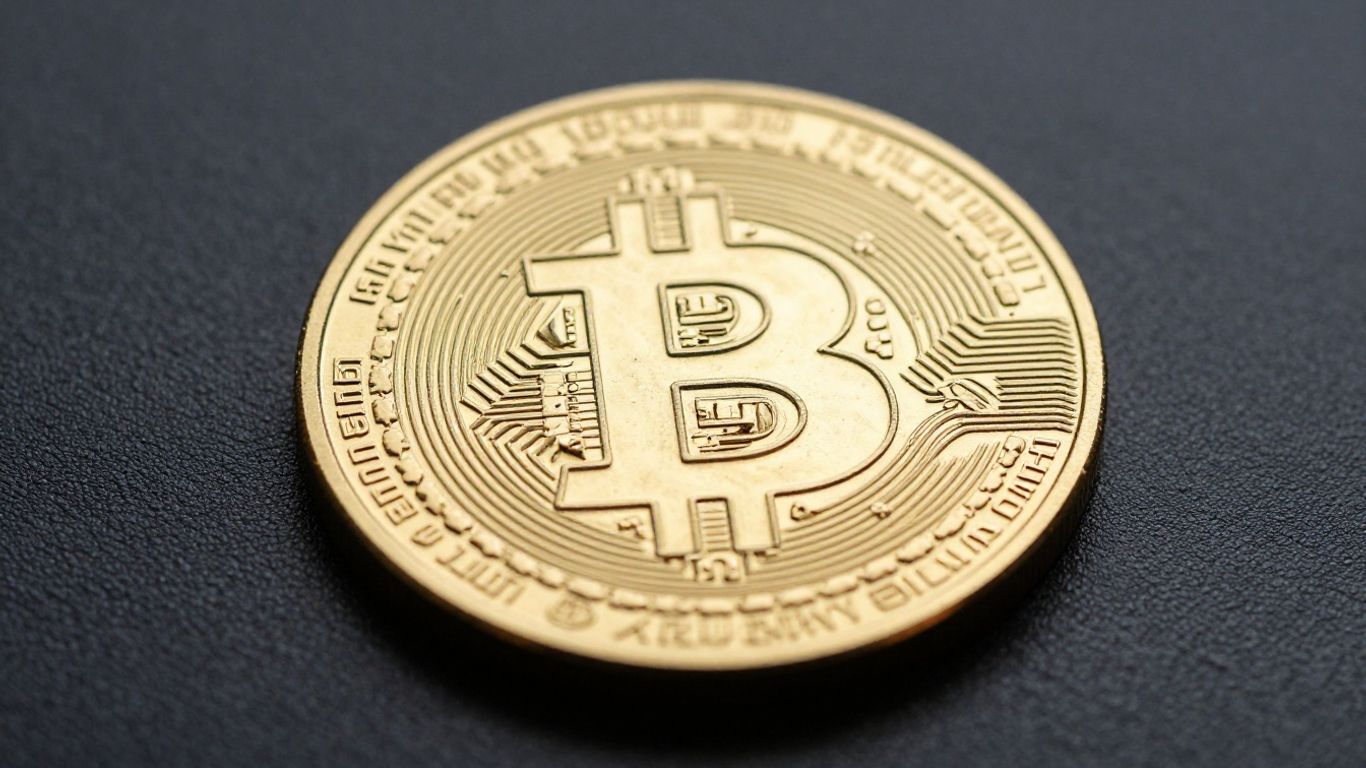 Gold Bitcoin coin on a dark surface.