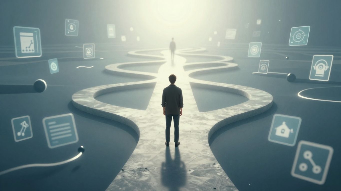 Person navigating a complex digital path towards a goal.