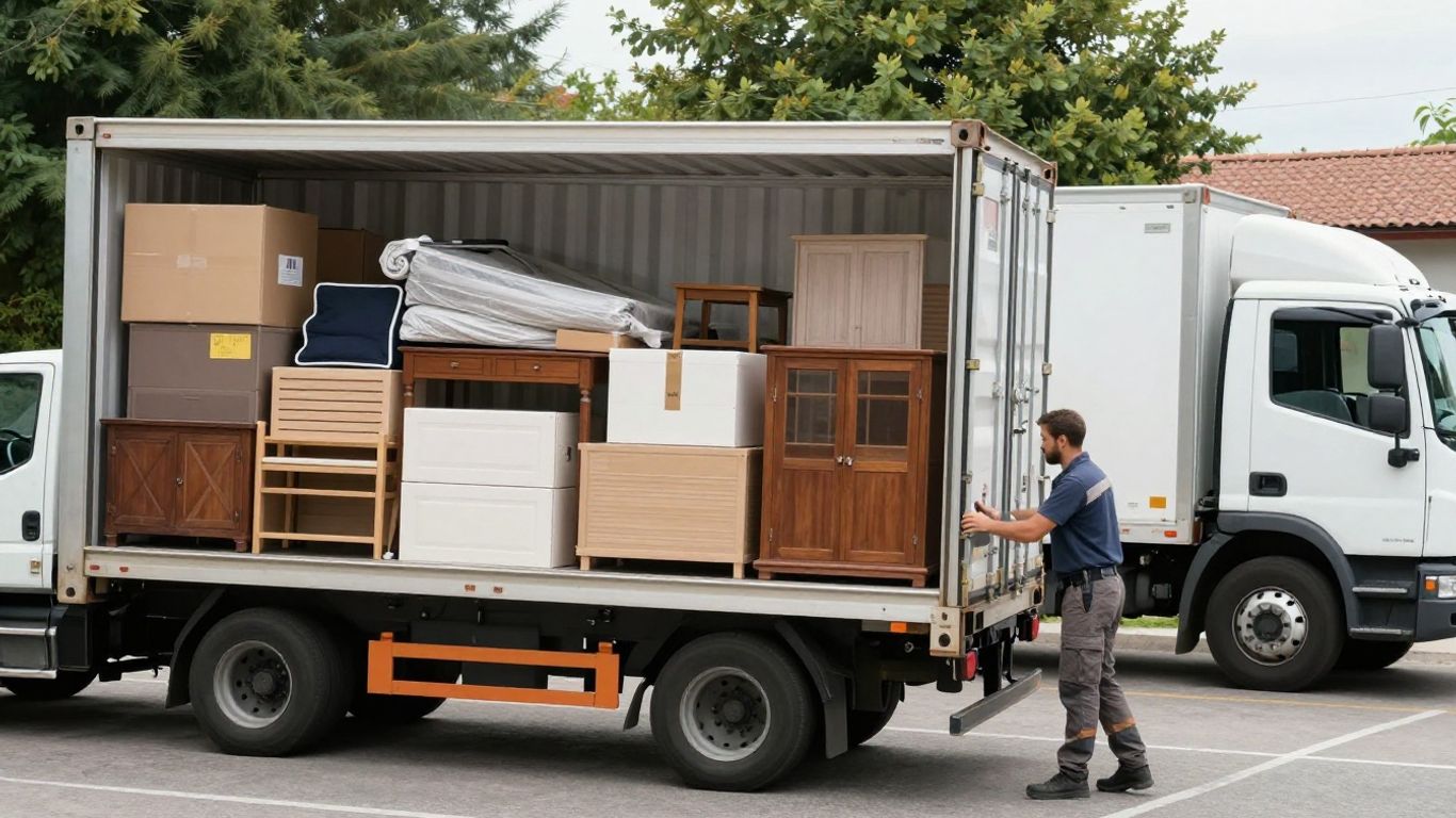 International movers loading a shipping container with household items.