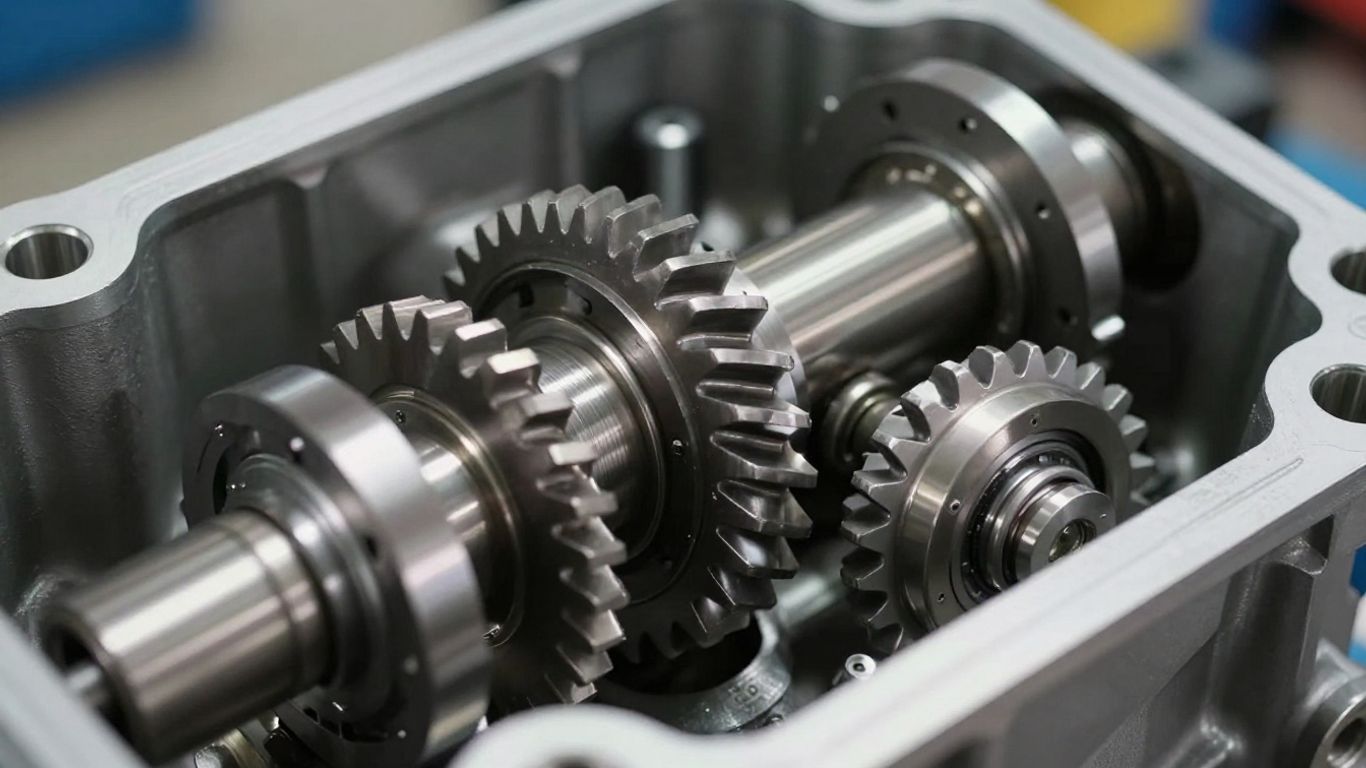 Close-up of car gearbox components, gears, and shafts.
