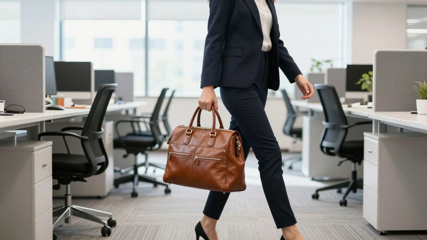 Frau mit eleganter Arbeitstasche im modernen Büro