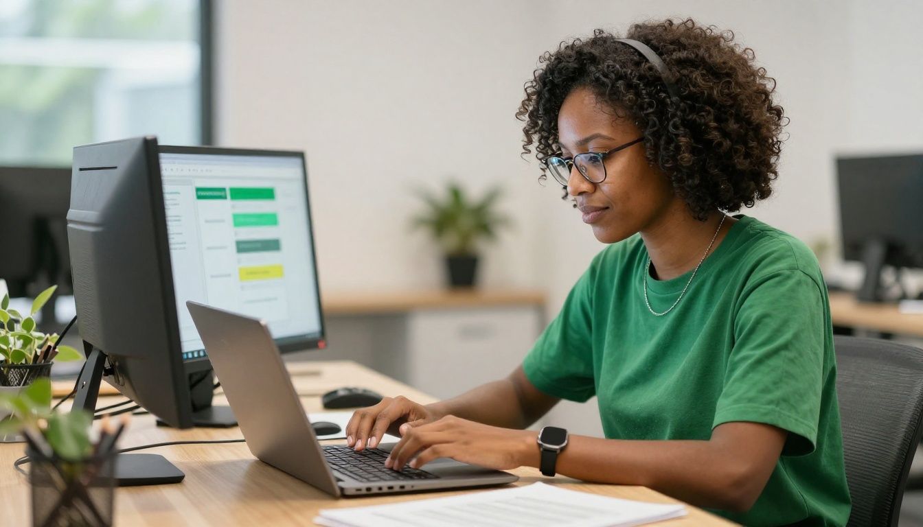 Profissional trabalhando em projetos de sustentabilidade com tecnologia verde ao fundo