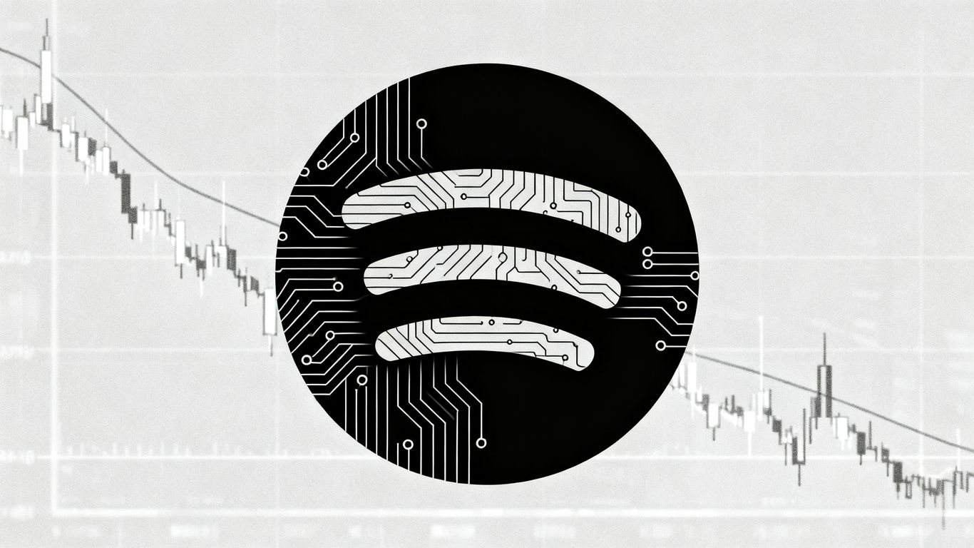 Spotify logo with AI elements and a subtle financial chart overlay.
