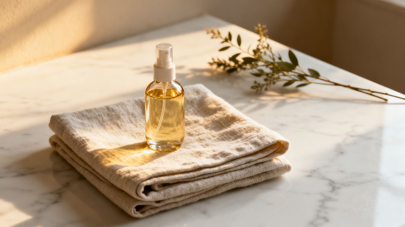 Bouteille de soin déposée sur une serviette propre
