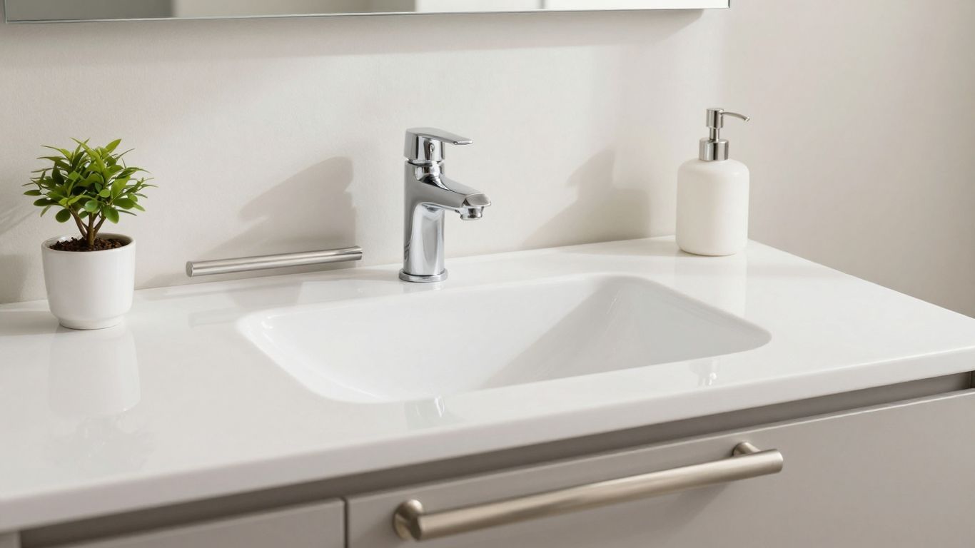 Modern bathroom hardware and accessories on a vanity.