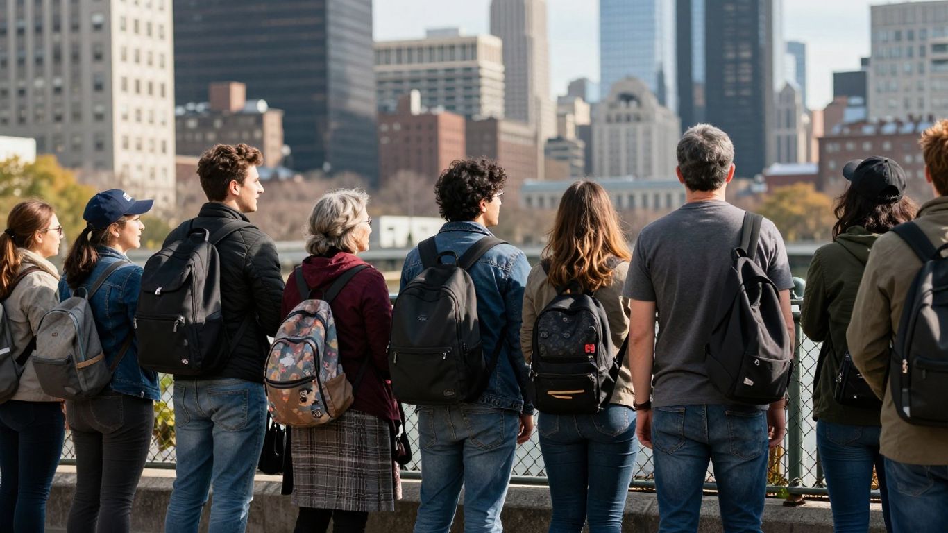 Personas en la frontera mirando hacia una ciudad.