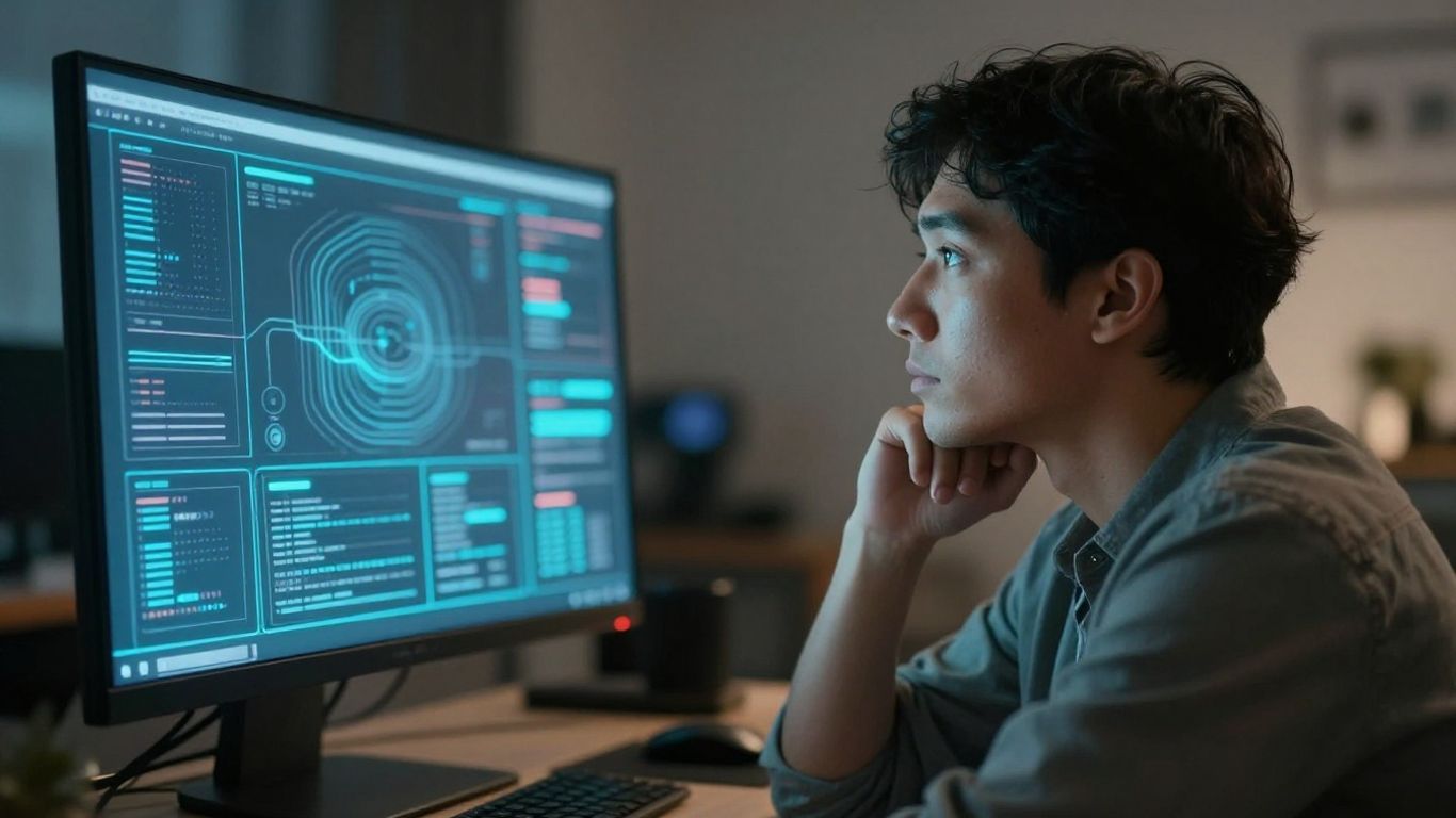 Creator analyzing digital data patterns on a glowing interface.