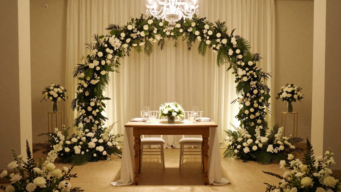Intimate wedding venue interior with floral decor in Addison, TX.
