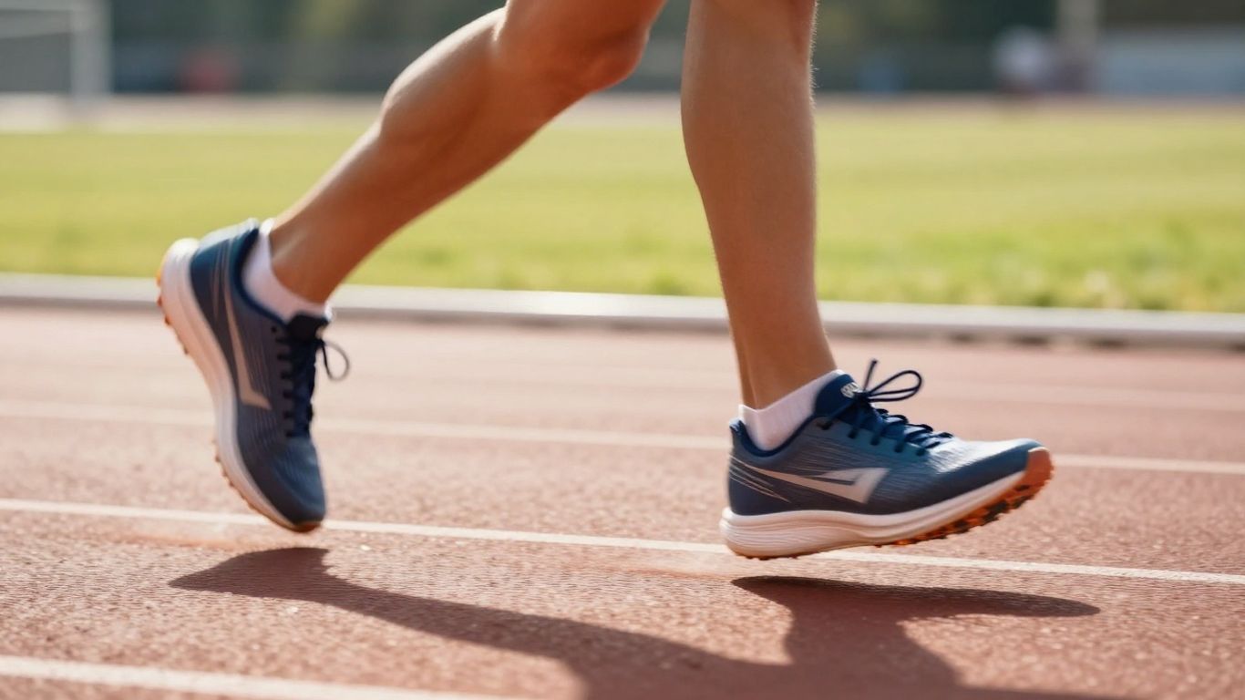Runner's feet on a track, blurred motion lines.