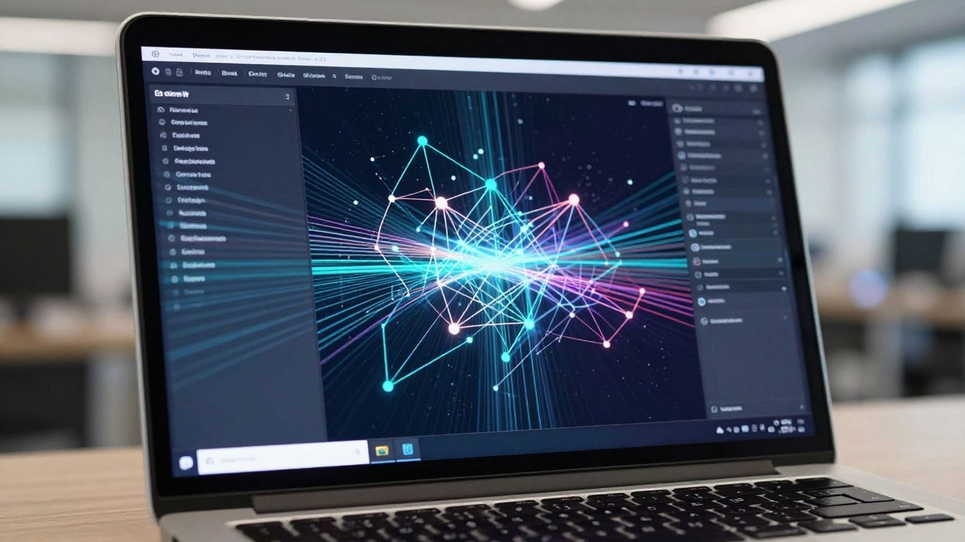 Laptop screen with abstract digital connections