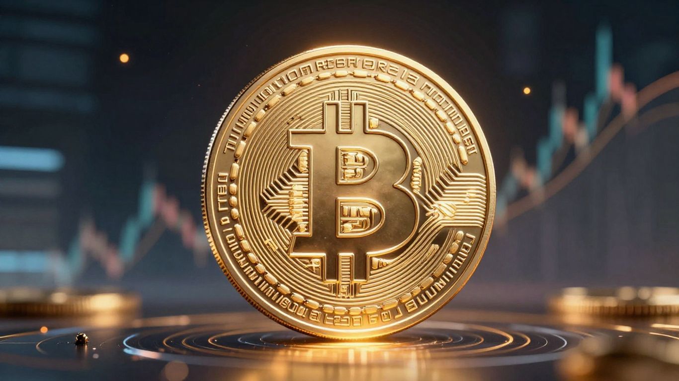 Bitcoin coin soaring upwards against a futuristic digital background.