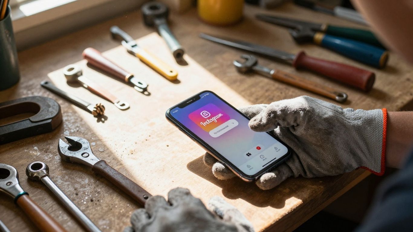 Tradie using Instagram on phone in workshop.