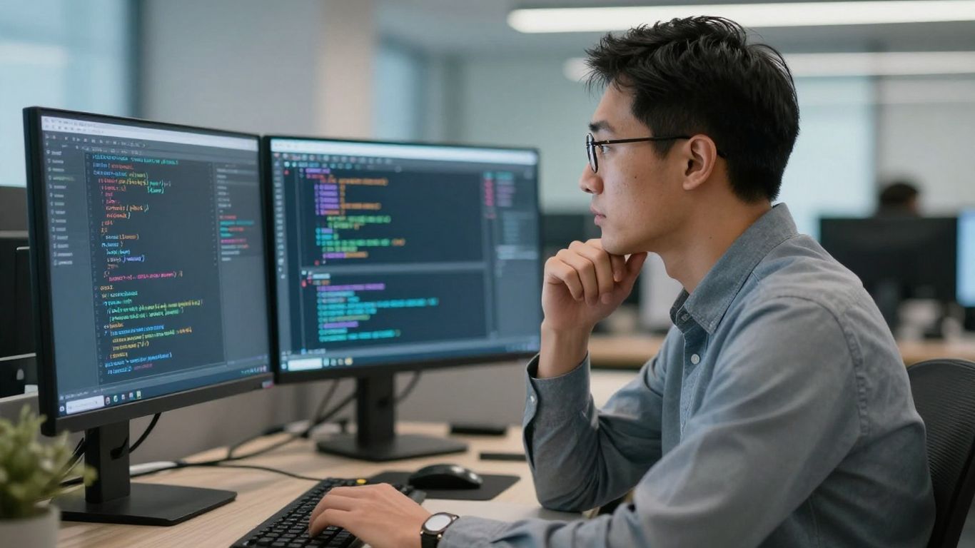 Software engineer working on a computer screen.