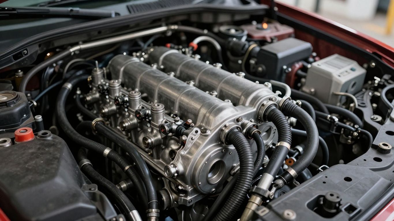 A close-up view of engine components in a workshop