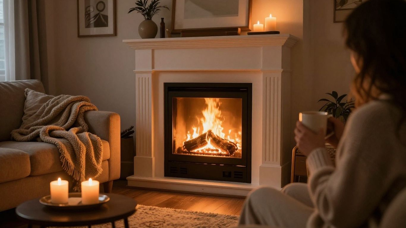 Cozy living room with fireplace and blankets during a power outage.