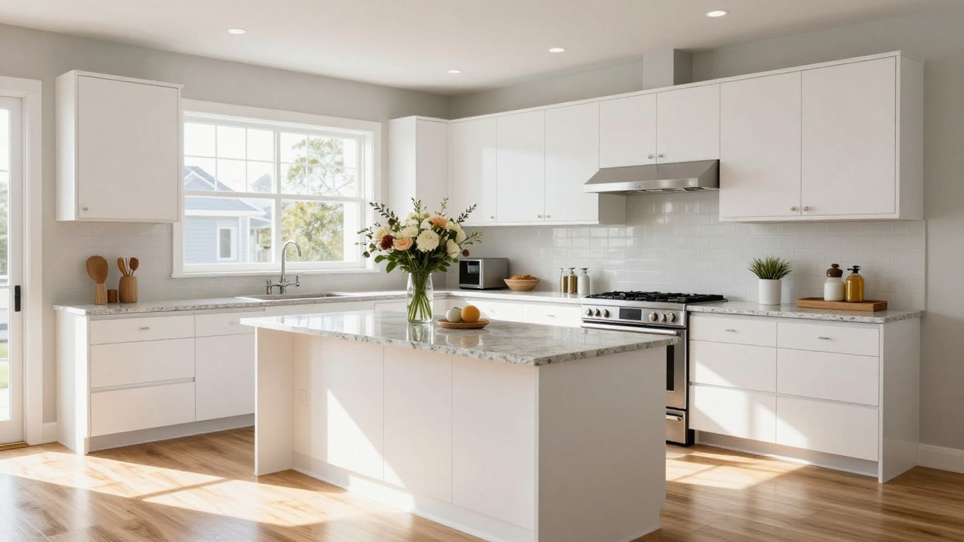 Modern kitchen renovation with white cabinets and granite island.