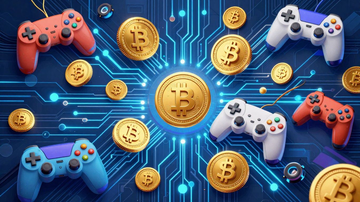 Crypto and gaming icons with glowing circuits.