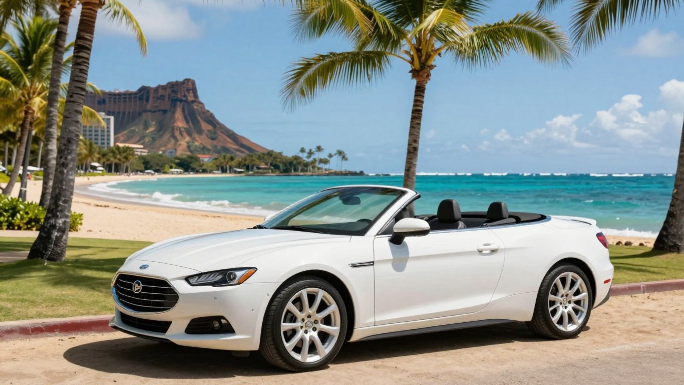 Convertible rental car on a sunny Honolulu beach with palm trees.