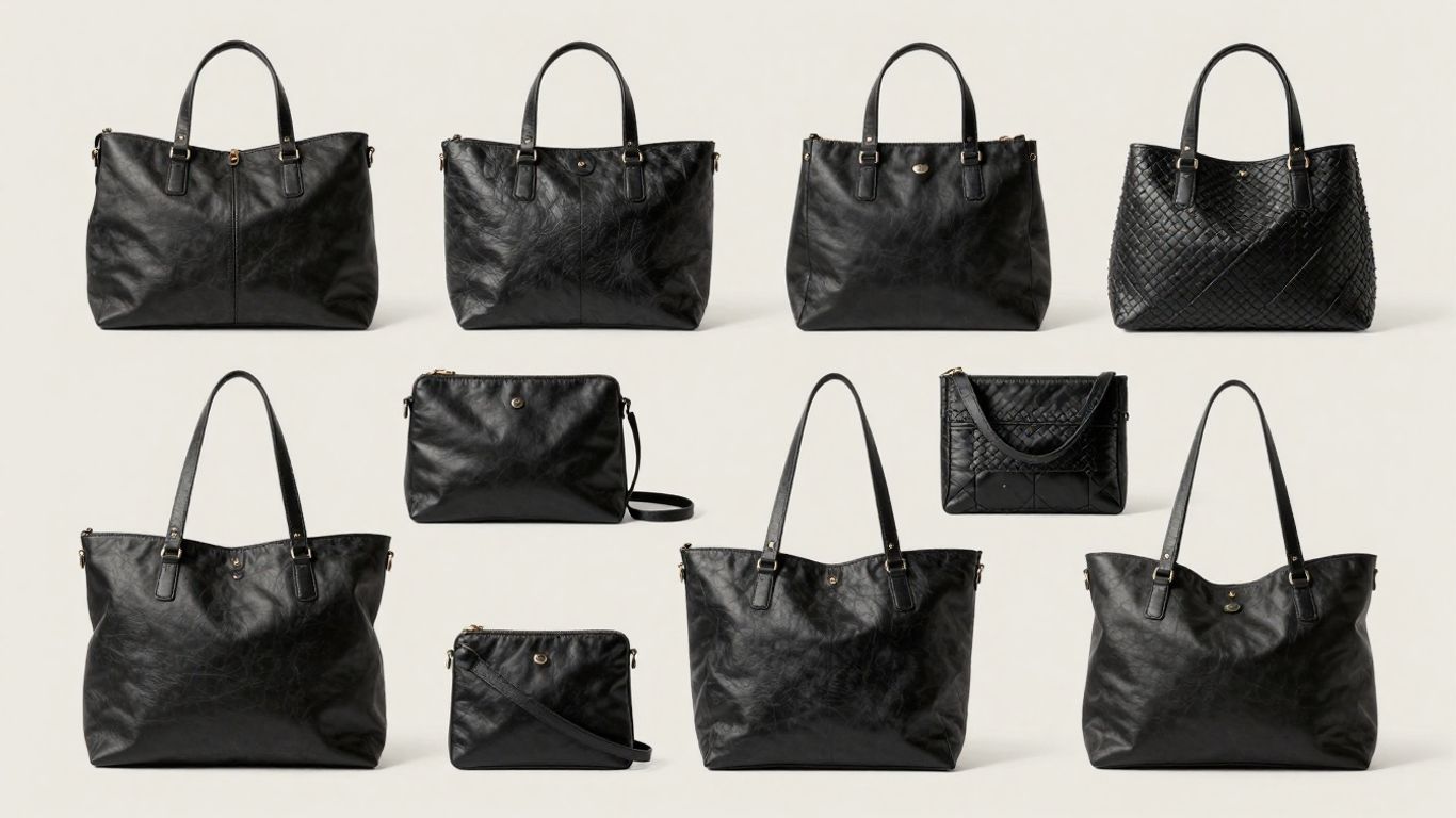 Various black tote bags in different styles and textures.