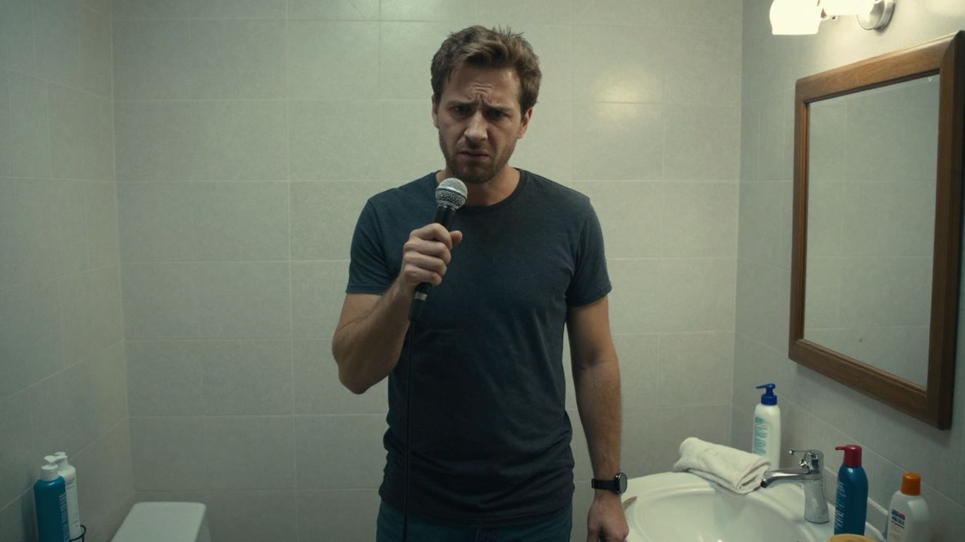 Man frustrated with microphone in a messy bathroom.