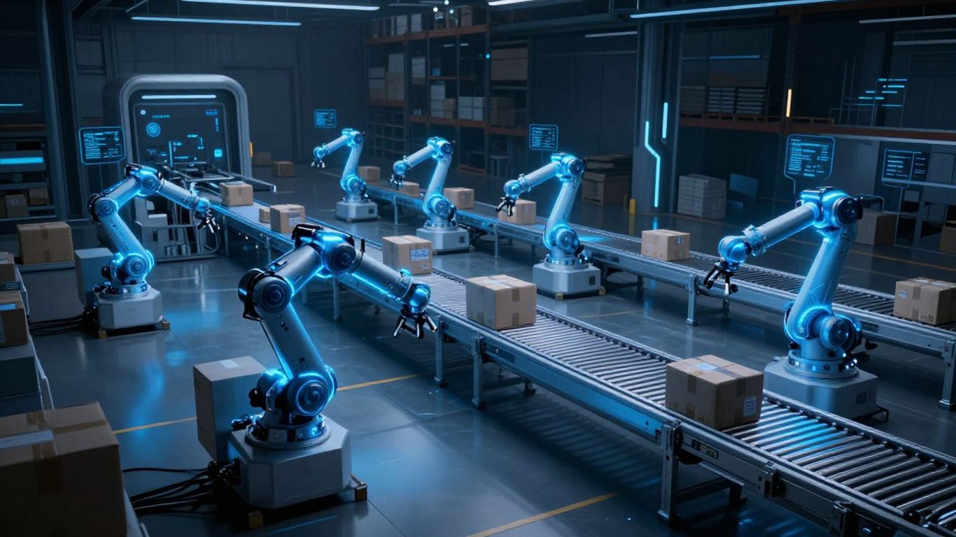 AI robots in a futuristic warehouse sorting packages.