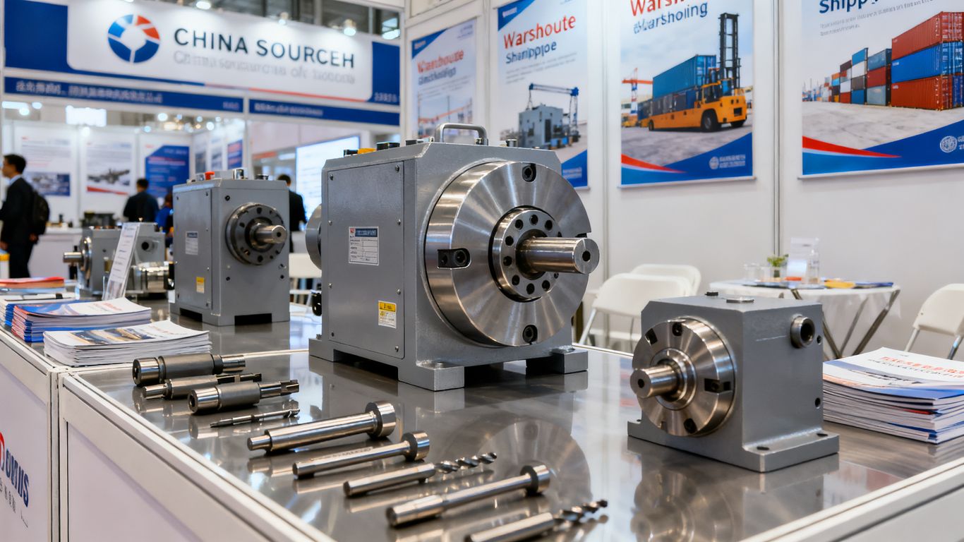 Evaluating manufacturing equipment at a trade fair booth Close-up of industrial manufacturing equipment shown to Canton Fair buyers