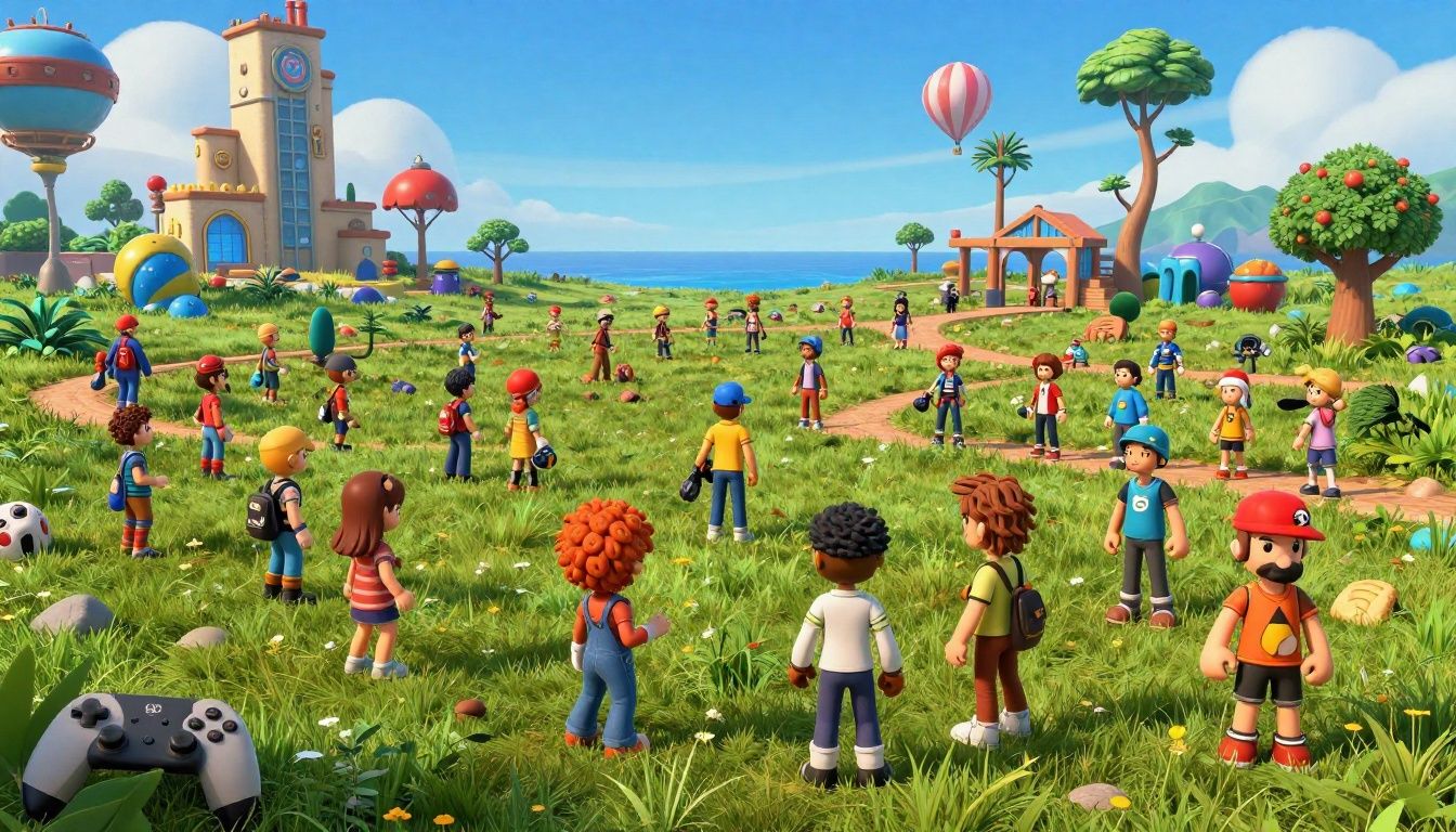 Um colagem vibrante representando os principais gêneros de jogos eletrônicos com personagens diversos em um campo de batalha futurista e criativo