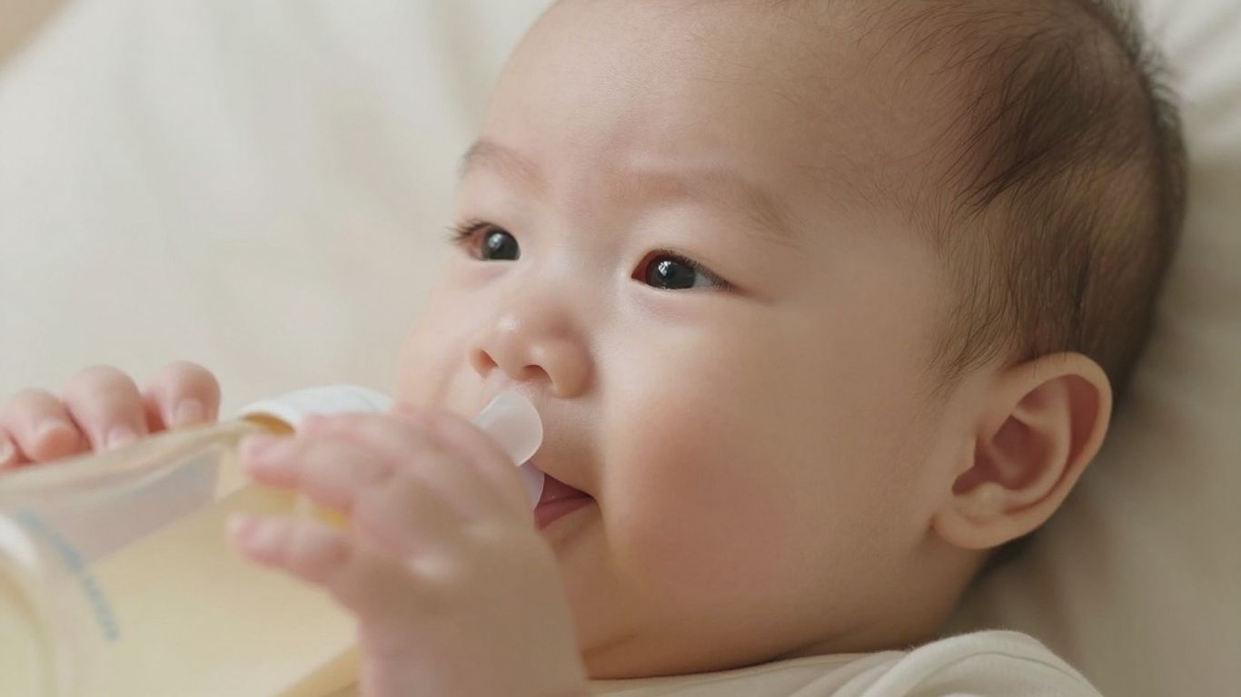 Bebé feliz con un biberón de leche hidrolizada.