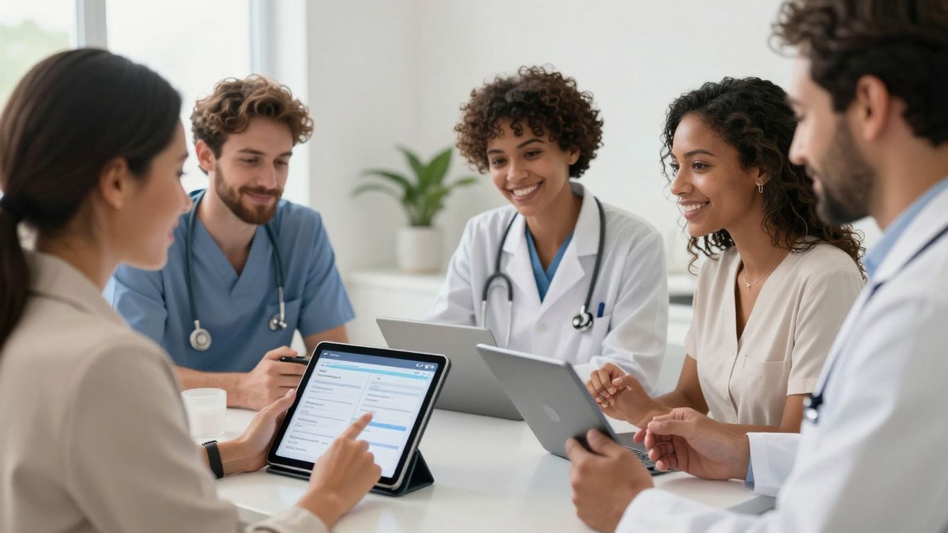 Medspa professionals using call management software on a tablet.