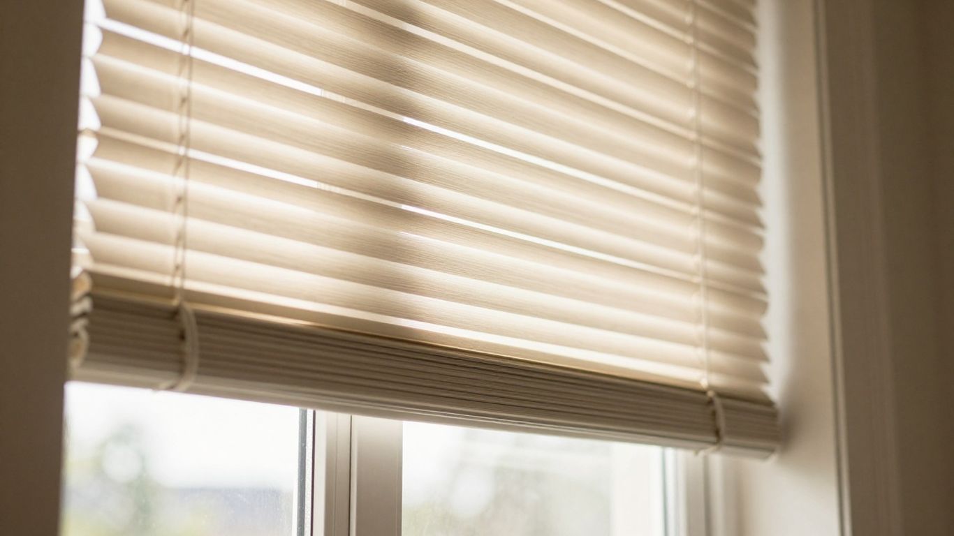 Window blinds with sunlight streaming through.
