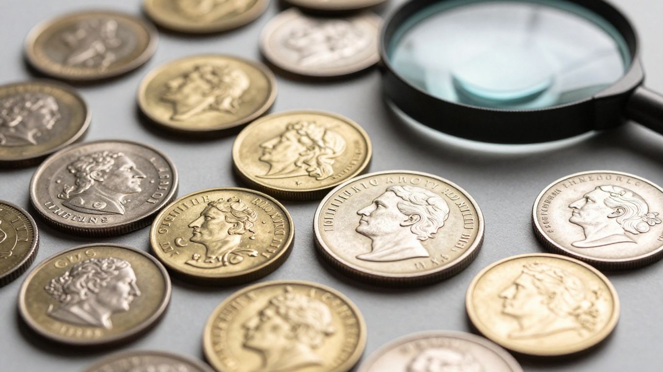 Rare coins and magnifying glass on a table.